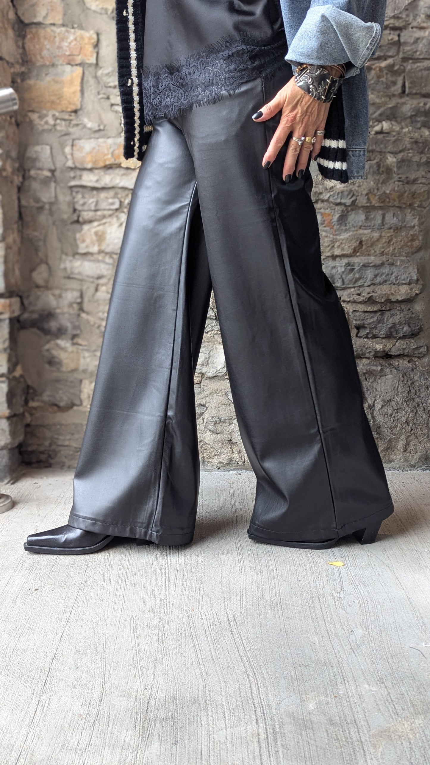 Wide Leg Pleather Pants WITH POCKETS - BLACK