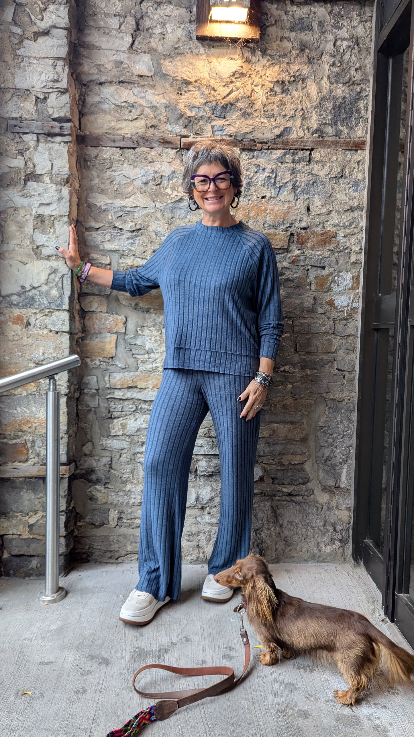 Relaxed Lightweight Raglan Sleeve Crew Neck and Wide Leg Pant 2pc SET - BLUE
