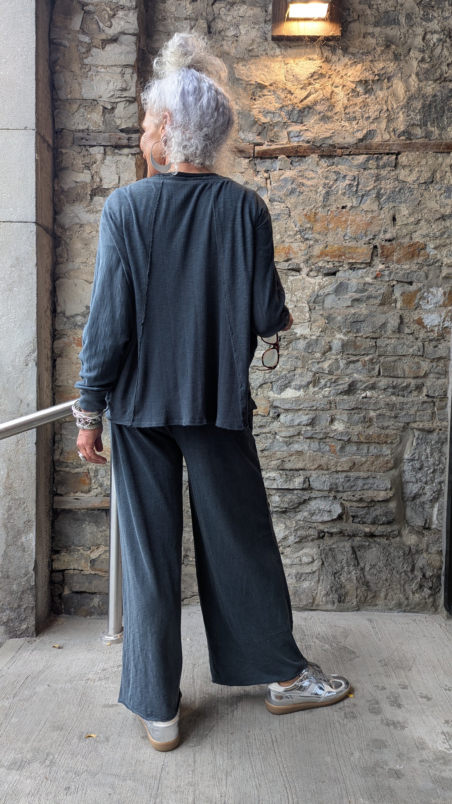 100% Cotton V-neck Relaxed Fit Top and Wide Leg Pant 2pc SET- PEACOCK BLUE