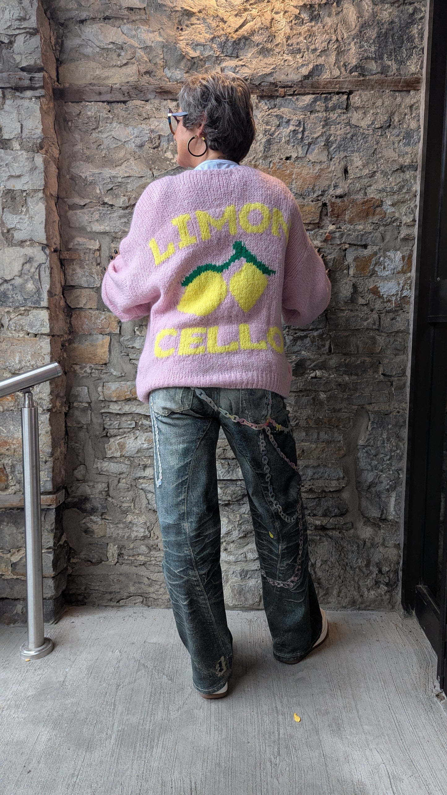 Oversized Knit Cardigan with Lemon Cello Motif- PINK