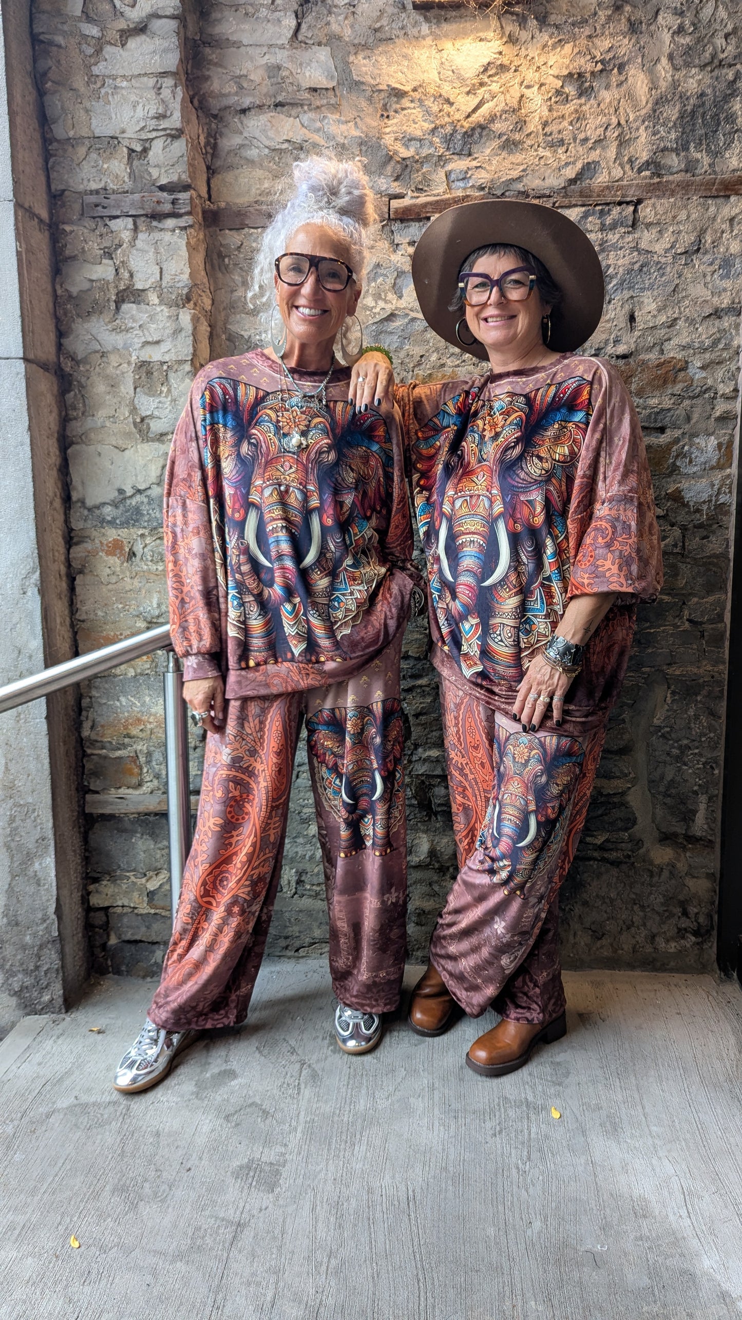 Velour Multicolour Elephant Zen Print Top and Wide Leg Pant 2pc SET