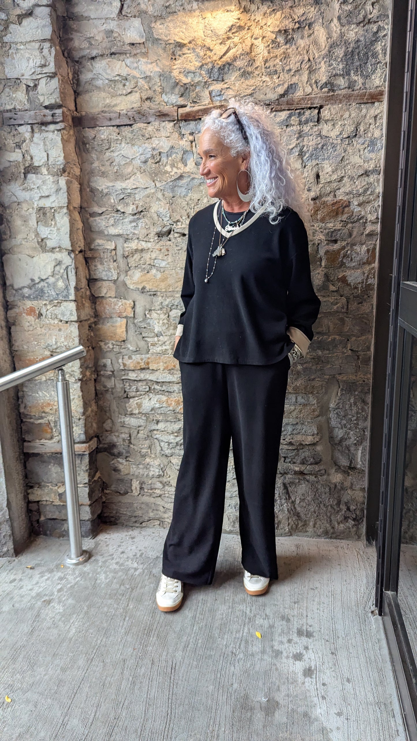V-neck Sweater and Straight Leg Pant 2pc SET- BLACK and LIGHT TAUPE