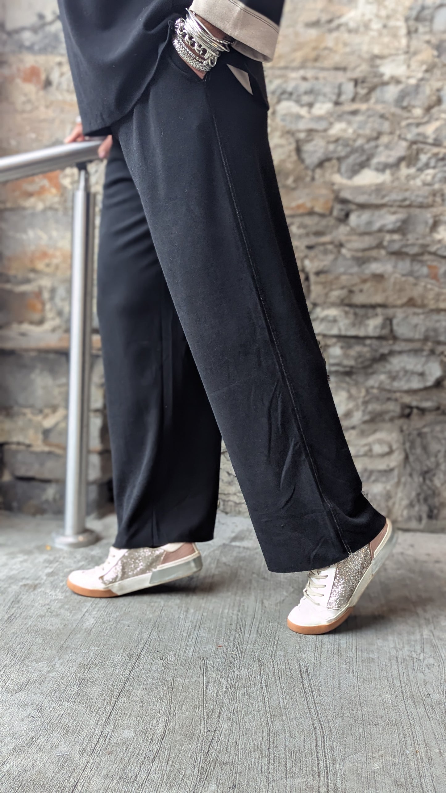 V-neck Sweater and Straight Leg Pant 2pc SET- BLACK and LIGHT TAUPE