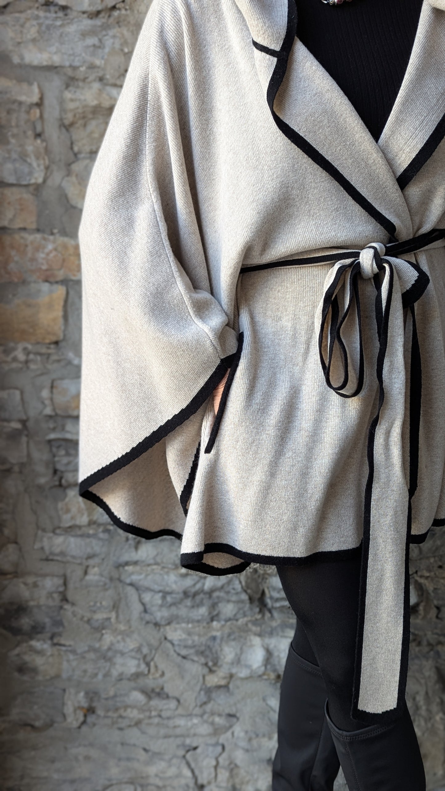 Cashmere Knit Poncho - Ivory with Black Trim