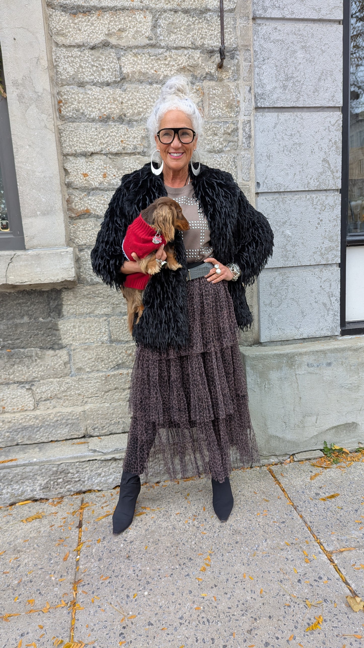 Knit Drop Shoulder Silver Studded Crew Neck Sweater - TAUPE