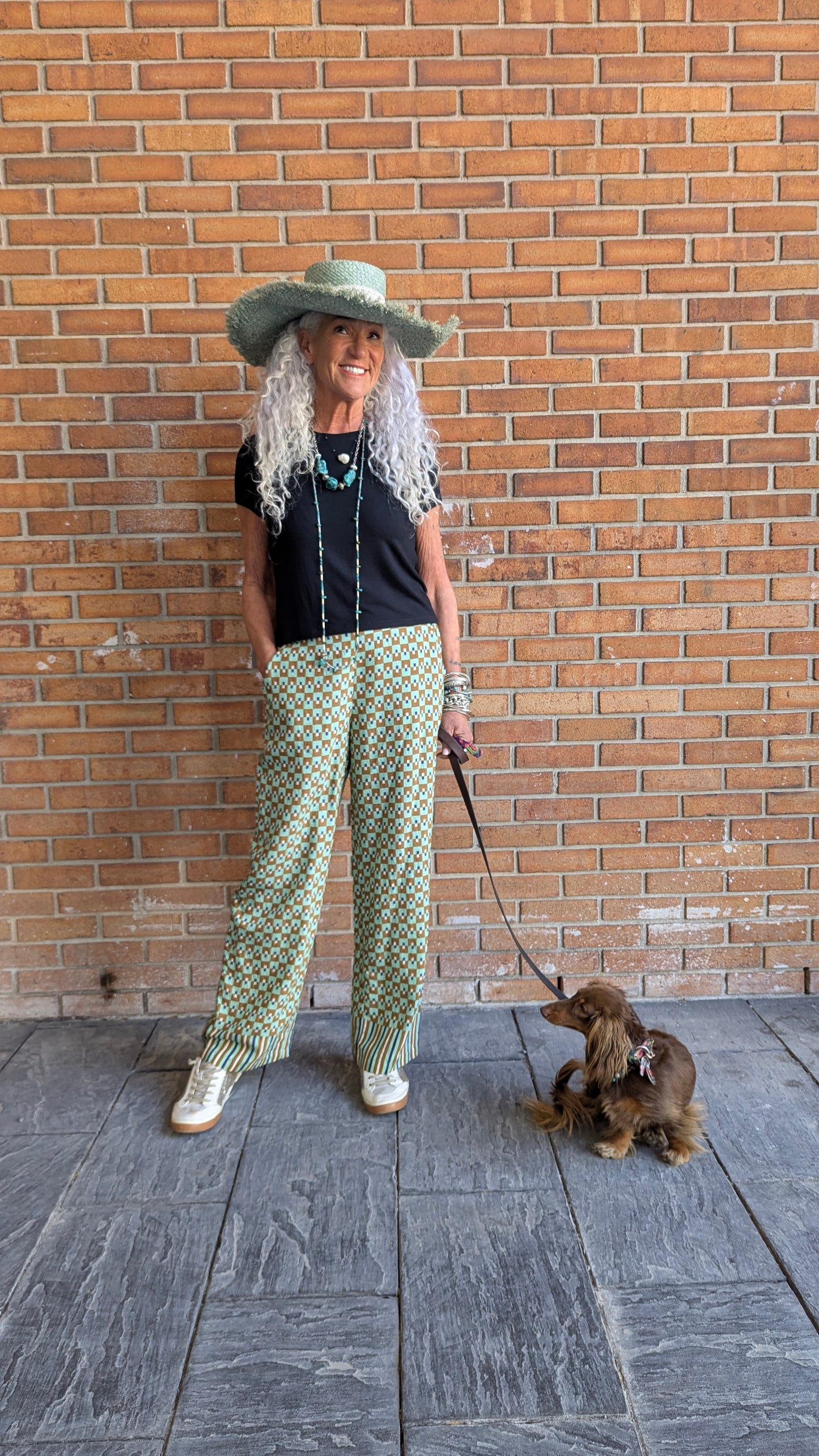 Lightweight Retro Patterned Pants -GREEN & BROWN