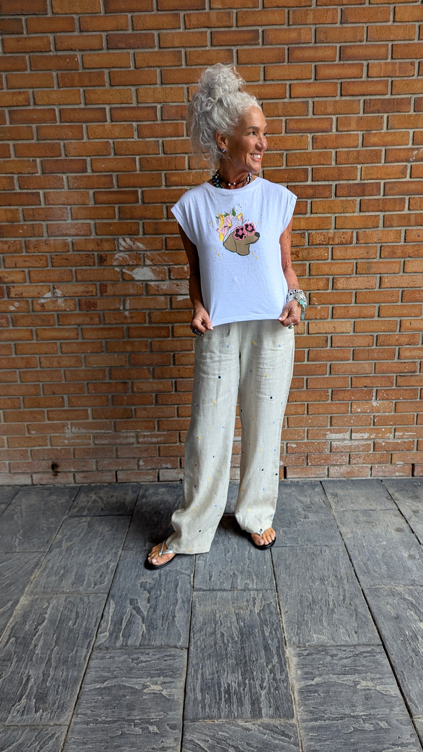 Daschund Print and Floral 100% Cotton T-shirt - WHITE
