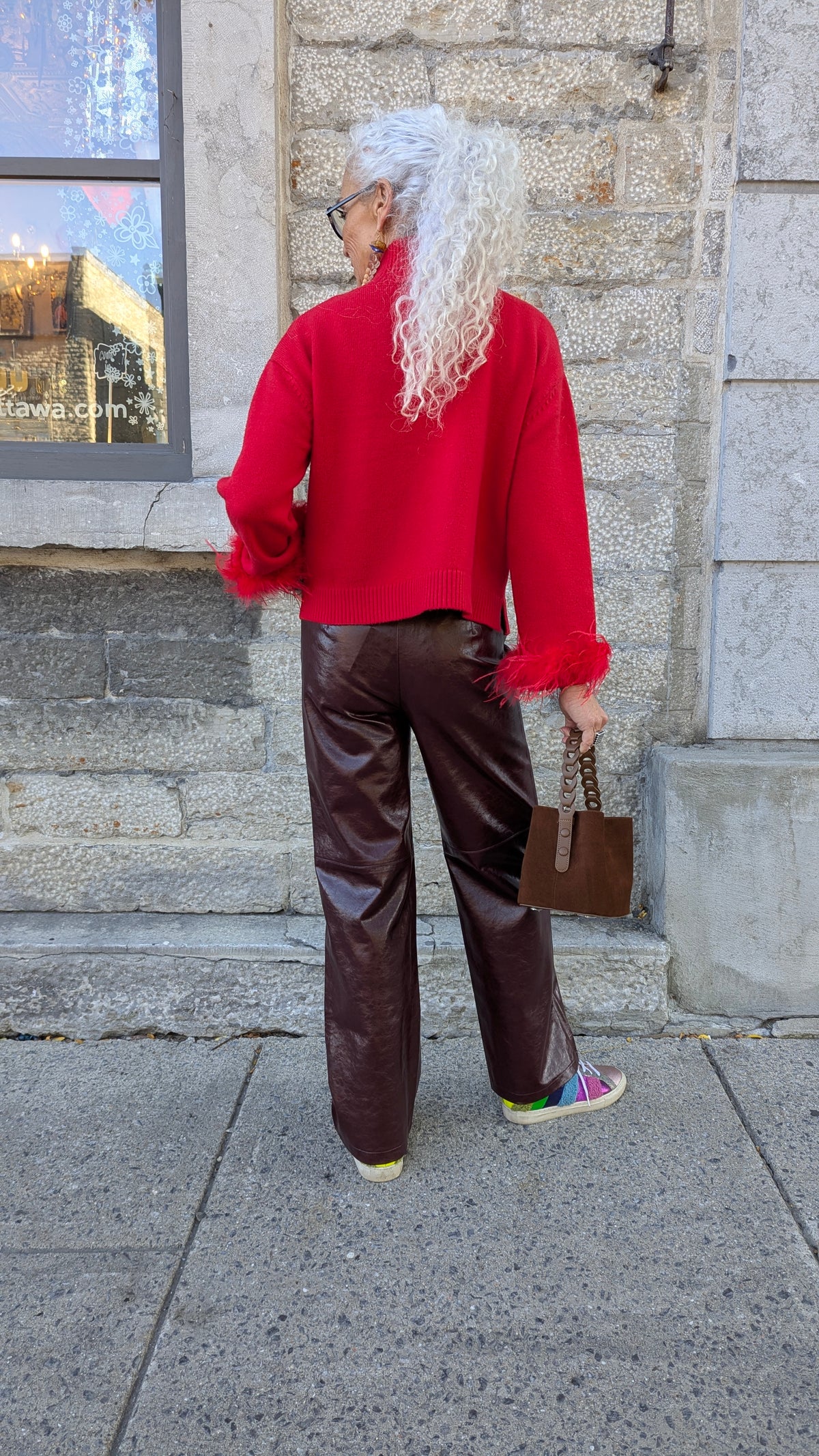 Knit Sweater with Feather Trim - RED