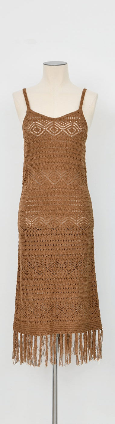 Tan Midi Length Crochet Fringed Dress