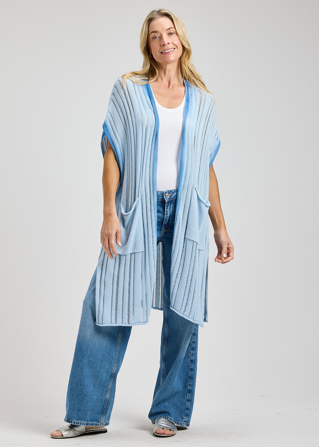 100% Cotton Knit Open Front Blue Ombre Kimono - Shades of Denim