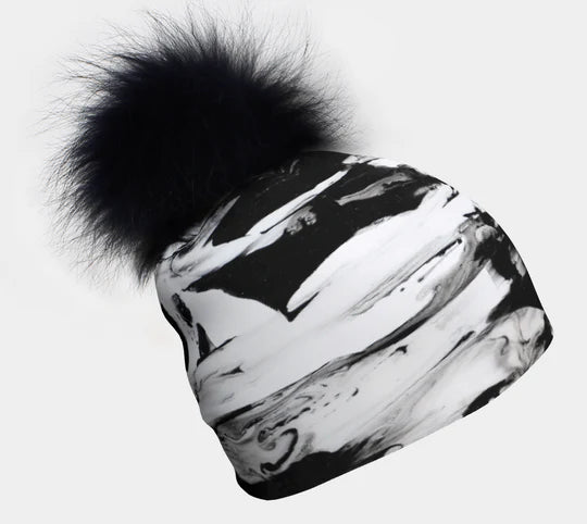 Canadian Artist Print Stretch Beanie with Removable Black PomPom - Black and White