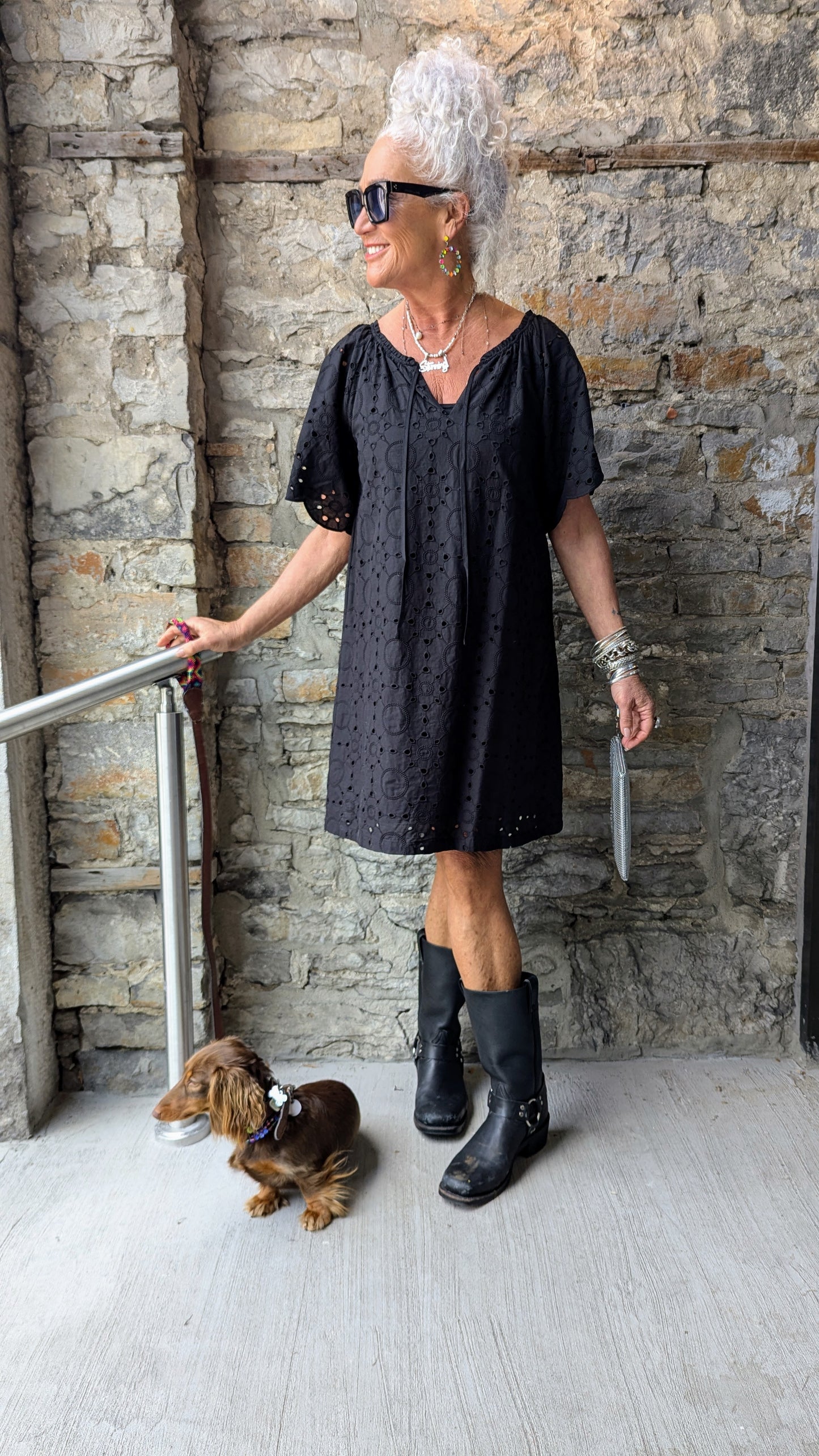 100% Cotton Short Sleeve Black Eyelet Short Dress - BLACK