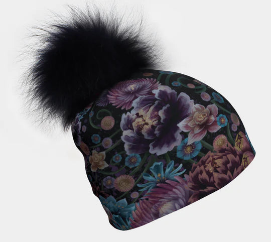 Canadian Artist Print Stretch Beanie with Removable Black PomPom - Floral