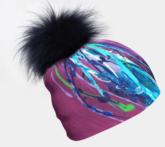 Canadian Artist Print Stretch Beanie with Removable Black PomPom - Fuchsia Paint Splatter