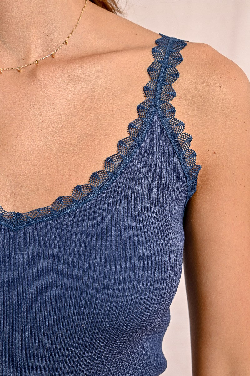 Ribbed Knit Tank Top with lace trim - Blue Denim