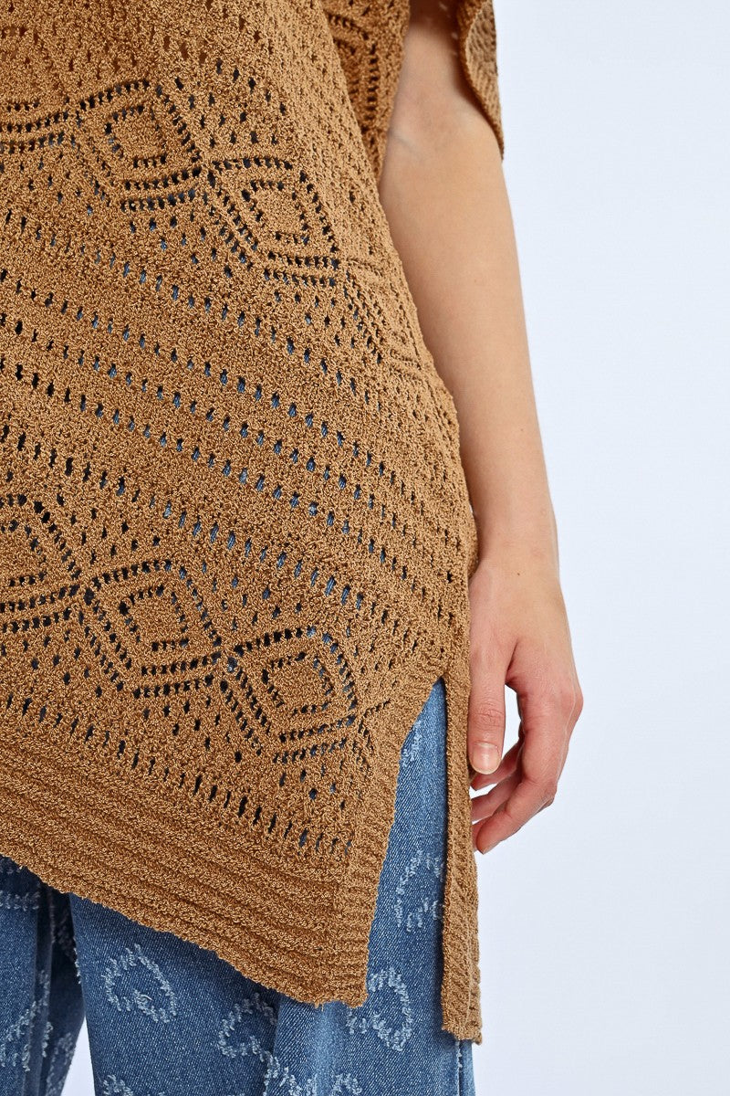 Tan Open Front Crochet Sweater