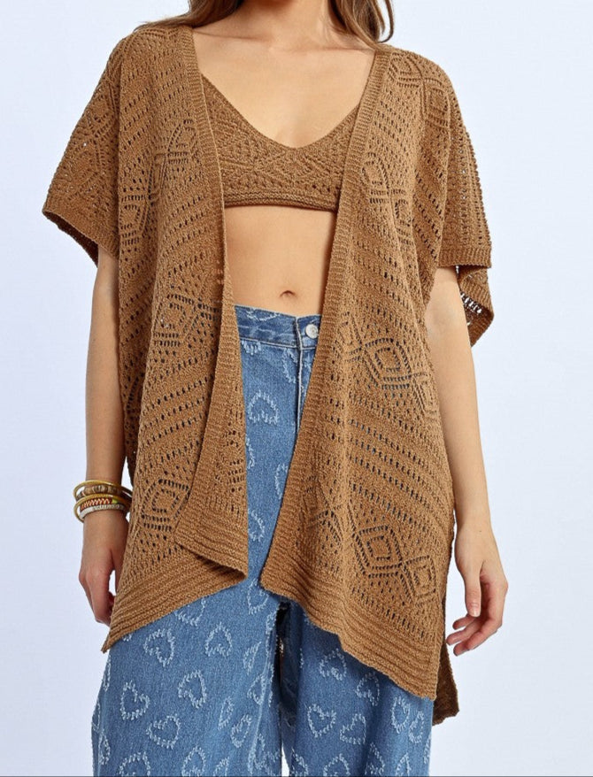 Tan Open Front Crochet Sweater