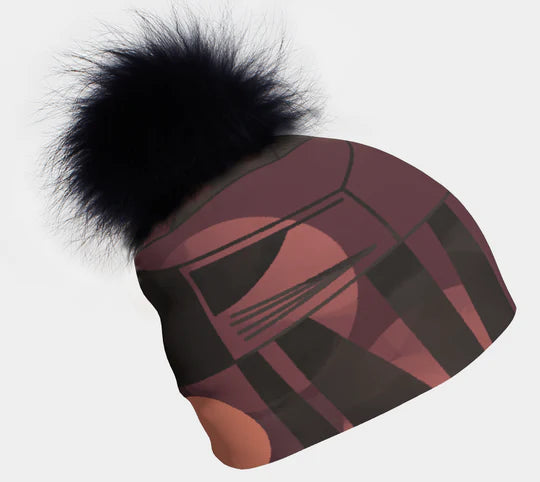 Canadian Artist Print Stretch Beanie with Removable Black PomPom - Burgundy Geometric