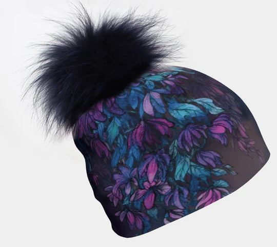 Canadian Artist Print Stretch Beanie with Removable Black PomPom - Dark Purple Floral
