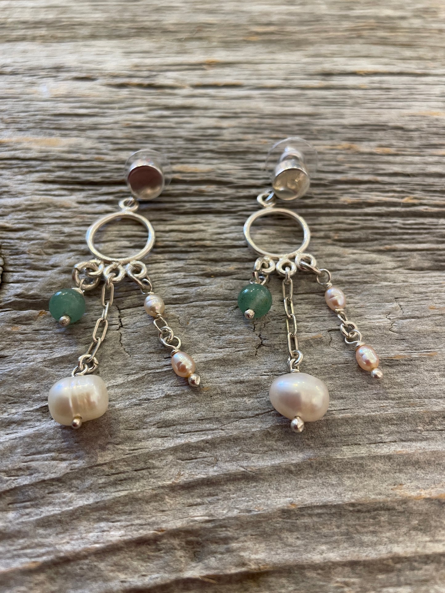 Sterling Silver 2" chandelier Earrings with freshwater pearls and jade Exclusively made for the shop