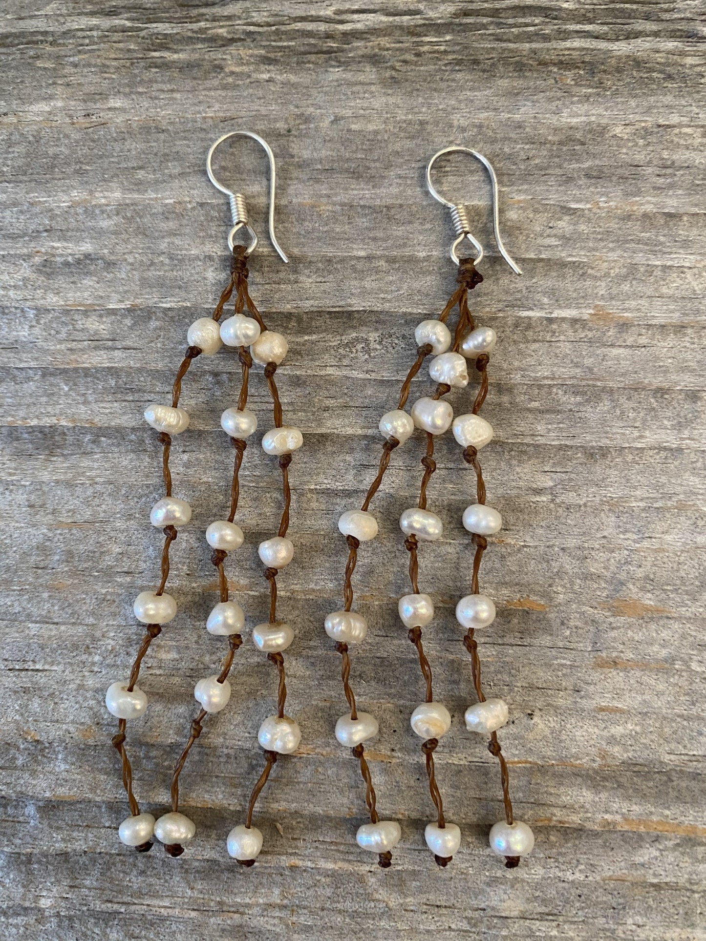Earrings small white pearl on tan leather with sterling silver hook - STUNNING!