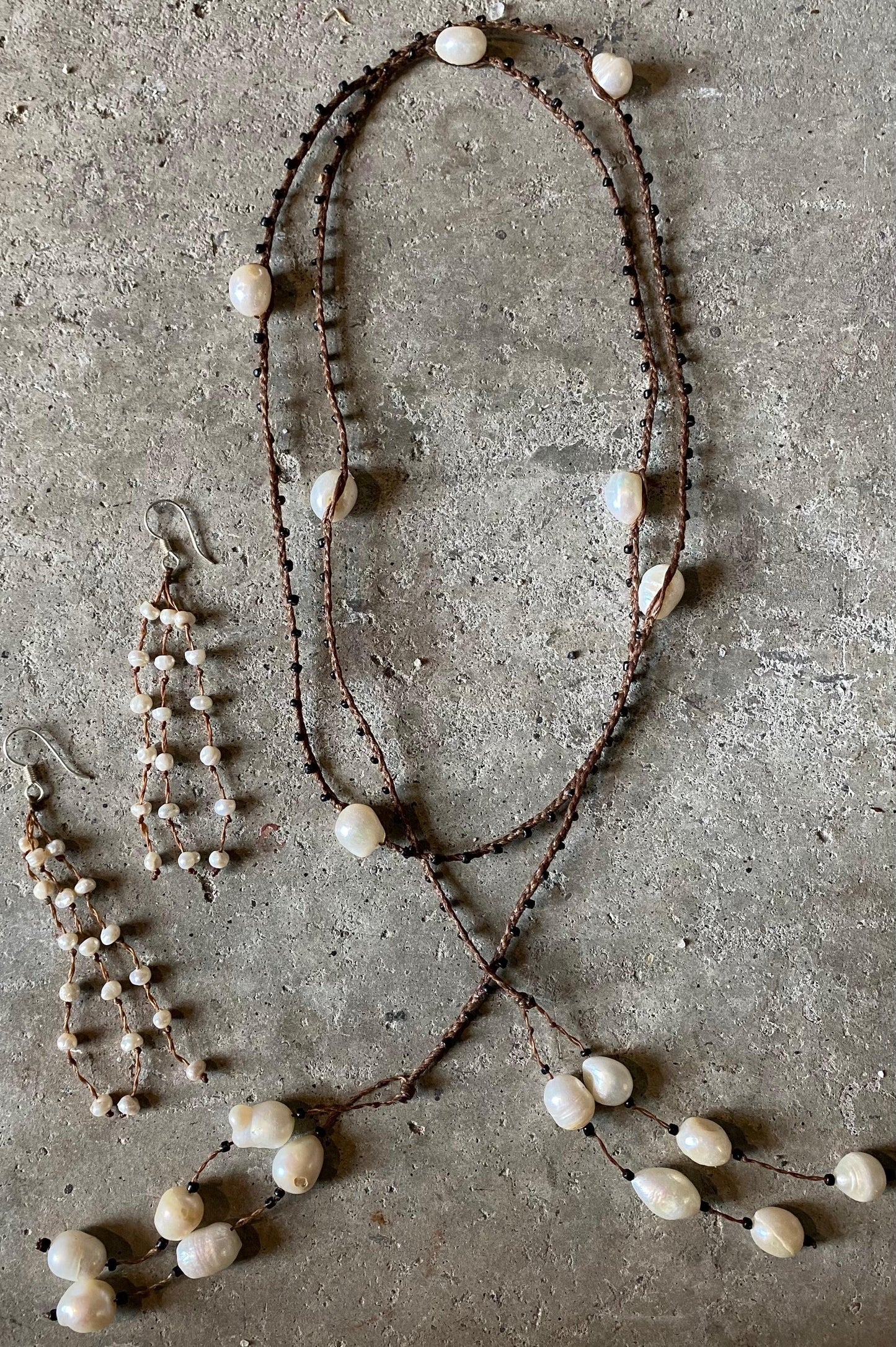 Earrings small white pearl on tan leather with sterling silver hook - STUNNING!