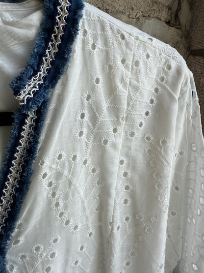 100% Cotton White Eyelet Boho Dress with Denim Blue Trim