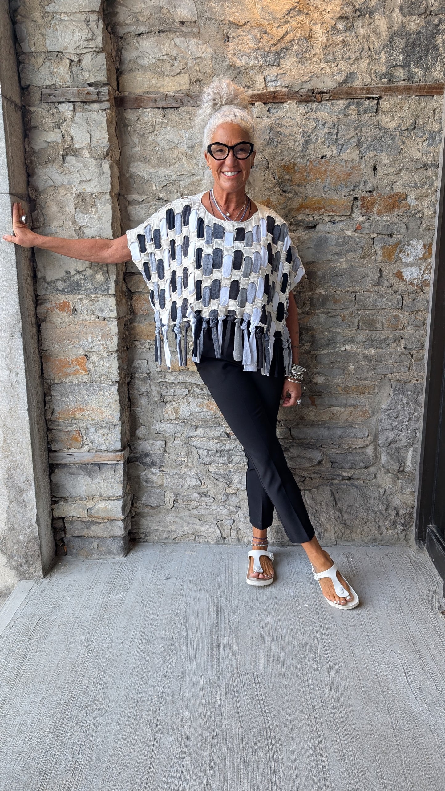 Recycled Black Grey and White on Oatmeal Cotton Oversized Cropped Relaxed Fit Pullover Sweater