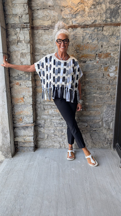 Recycled Black Grey and White on Oatmeal Cotton Oversized Cropped Relaxed Fit Pullover Sweater