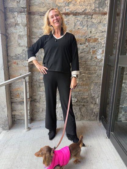 V-neck Sweater and Straight Leg Pant 2pc SET- BLACK and LIGHT TAUPE