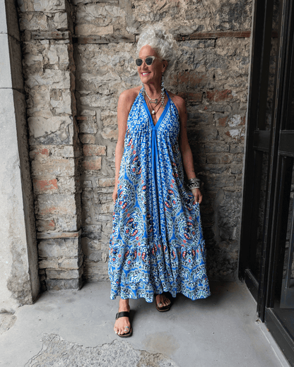 Halter Maxi Dress with Ruffled Flounce - Blue White Green Red Pattern