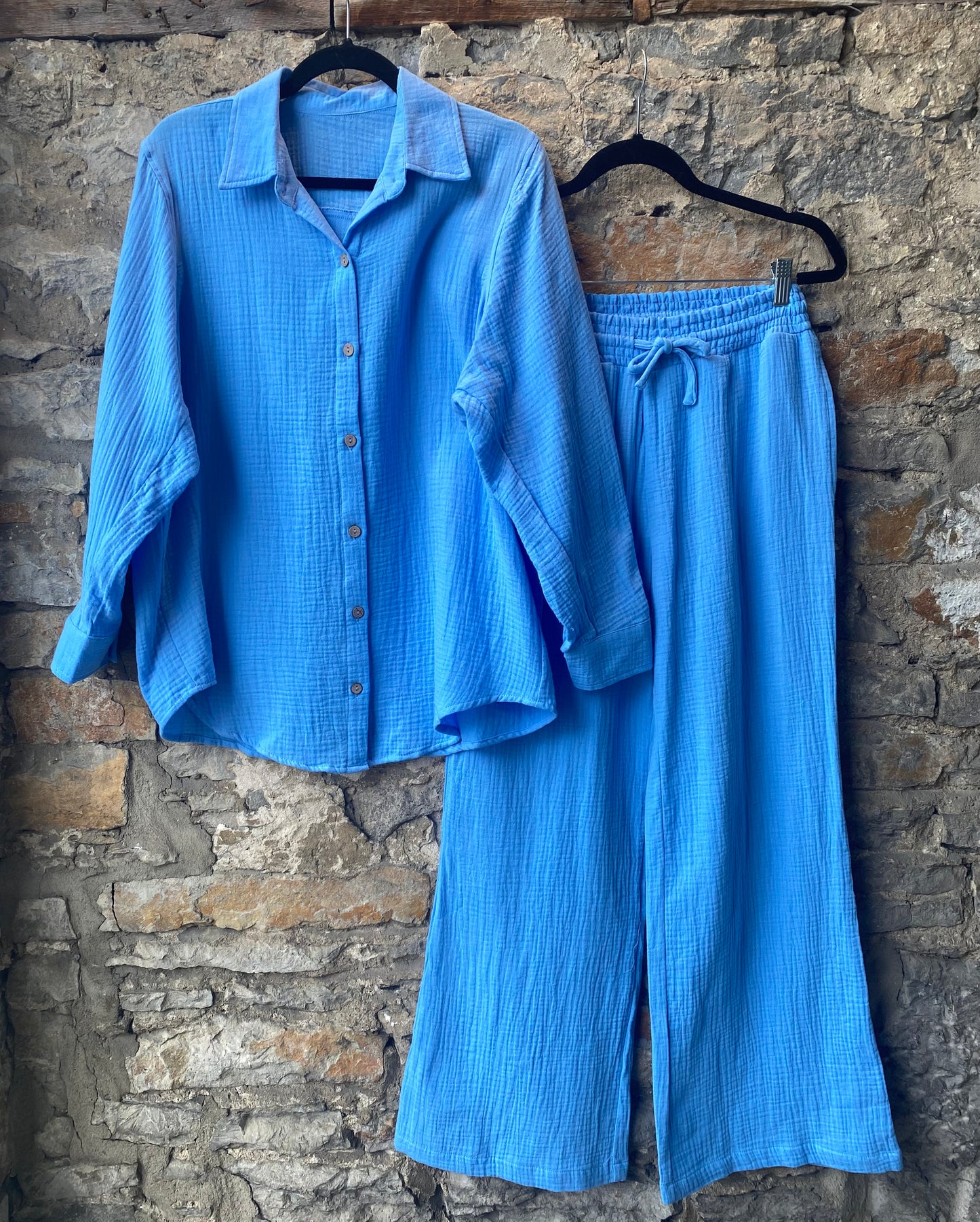 2 pc 100% Gauze Cotton Long Sleeve Shirt and Wide Leg Pant Set - Blue