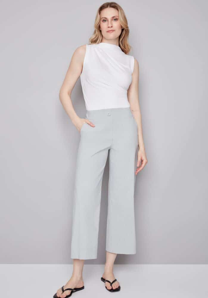 Striped Wide Leg Cropped Pant- GREY & WHITE