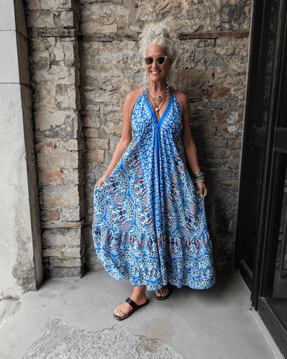 Halter Maxi Dress with Ruffled Flounce - Blue White Green Red Pattern