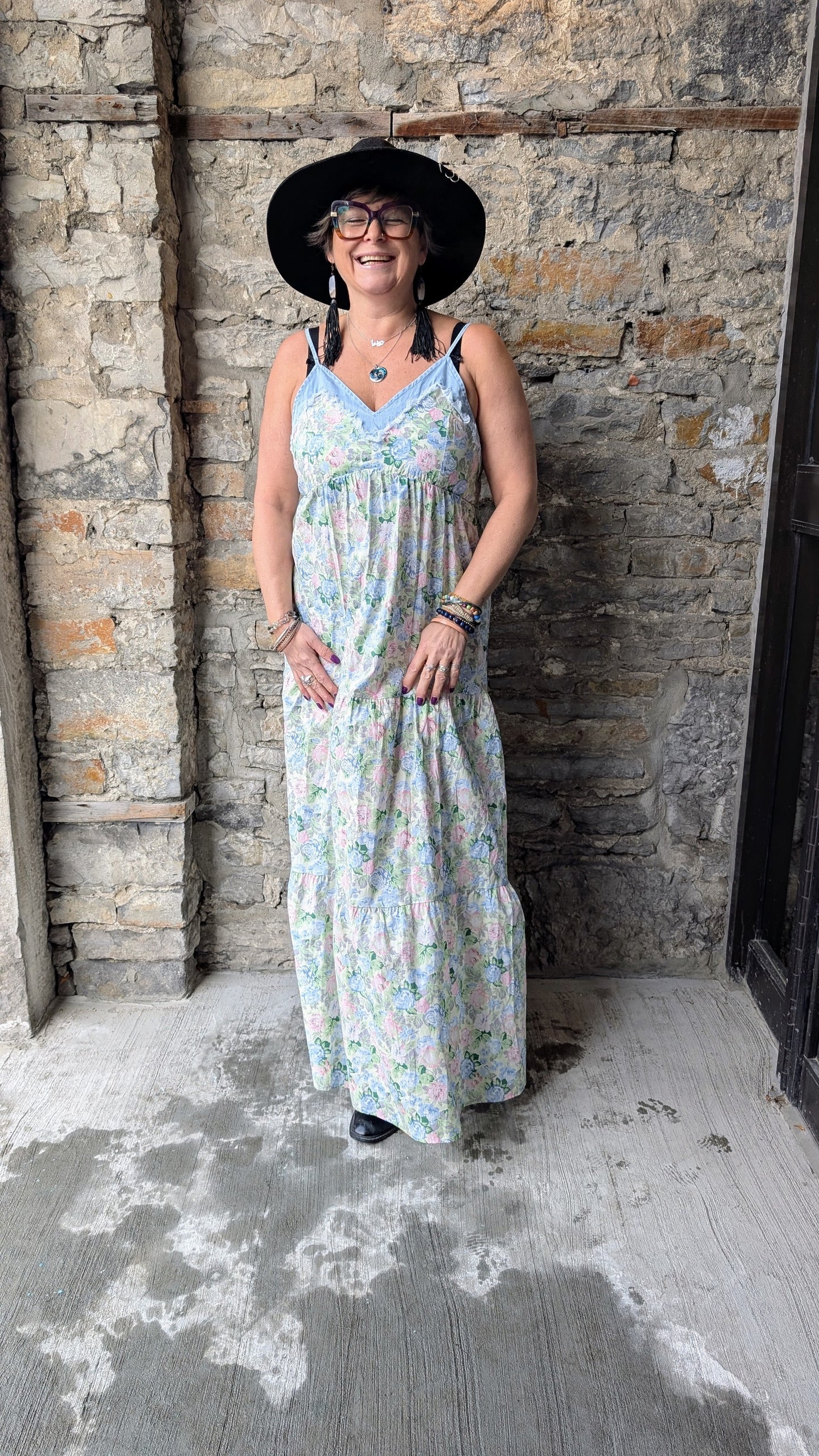 100% Cotton Floral Denim Flounce Maxi Dress- pink blue white green denim