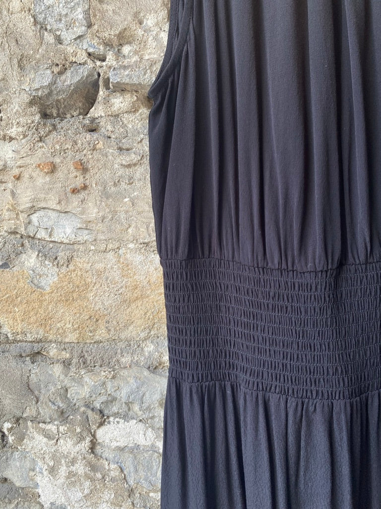 Black Smocked Waist Midi Dress