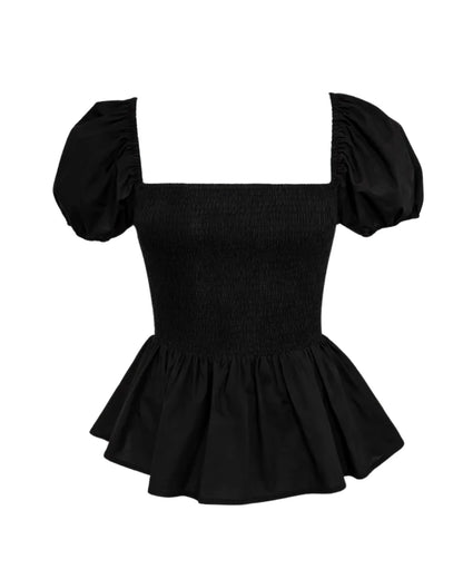 100% Cotton Puff Sleeve Peplum Top - BLACK