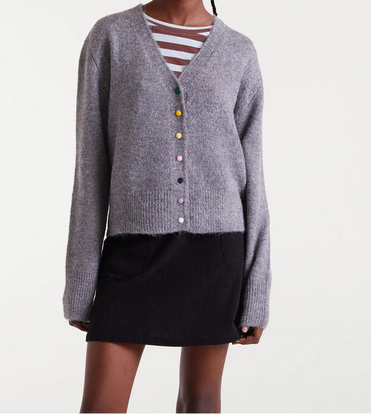 Grey Knit Cardigan with Multicoloured Velvet Buttons
