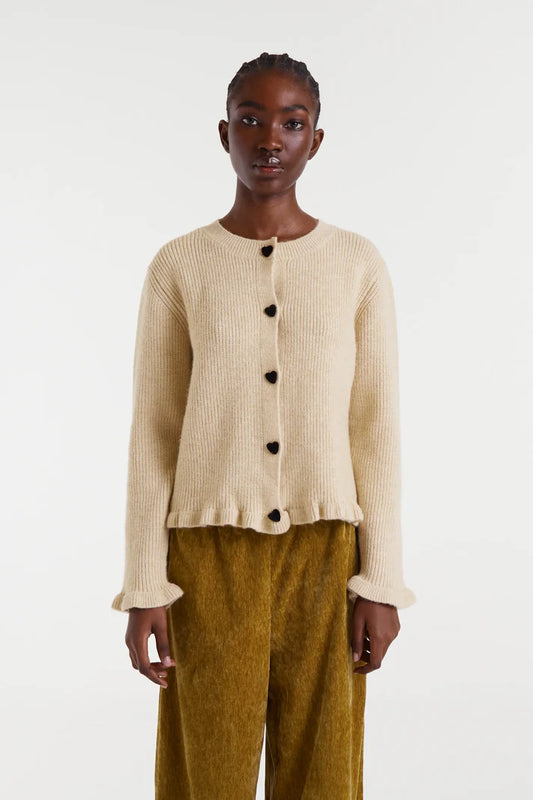 Beige Ribbed Knit Cardigan with Black Velvet Heart Buttons