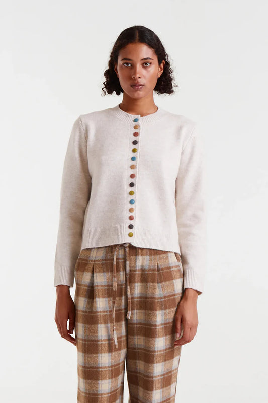Beige Round Neck Knit Cardigan with Multicoloured Buttons