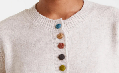 Beige Round Neck Knit Cardigan with Multicoloured Buttons