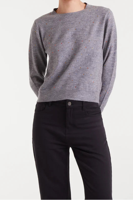 Grey Fine Knit Sweater with Multicoloured Rhinestone Details
