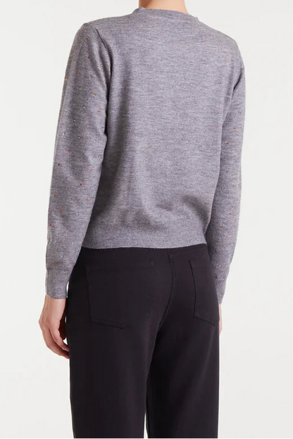 Grey Fine Knit Sweater with Multicoloured Rhinestone Details