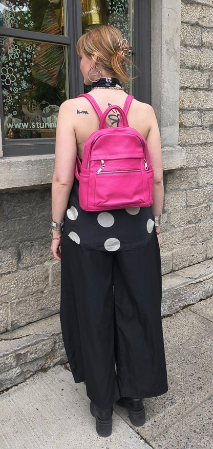 100% Pebble Leather Backpack - HOT PINK