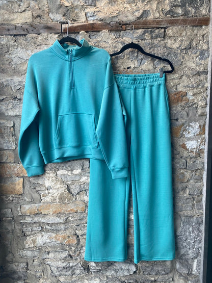 2 pc Top and Wide Leg Pant Set - Green