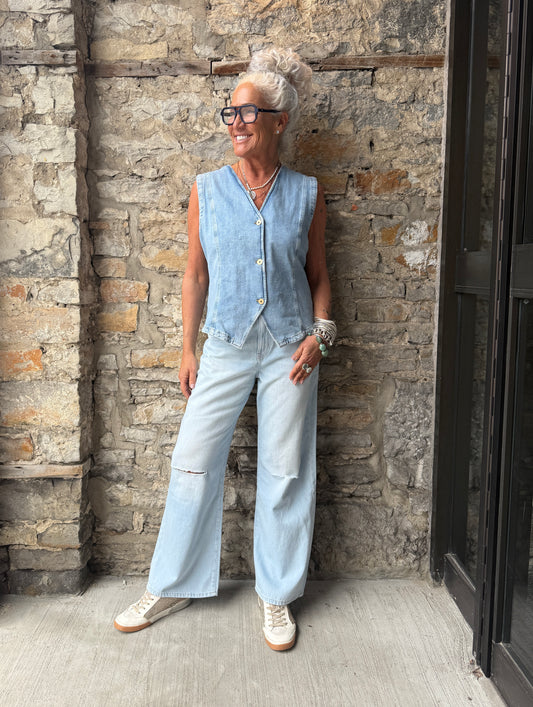 Cotton Stretch V neck waist coat vest- light blue