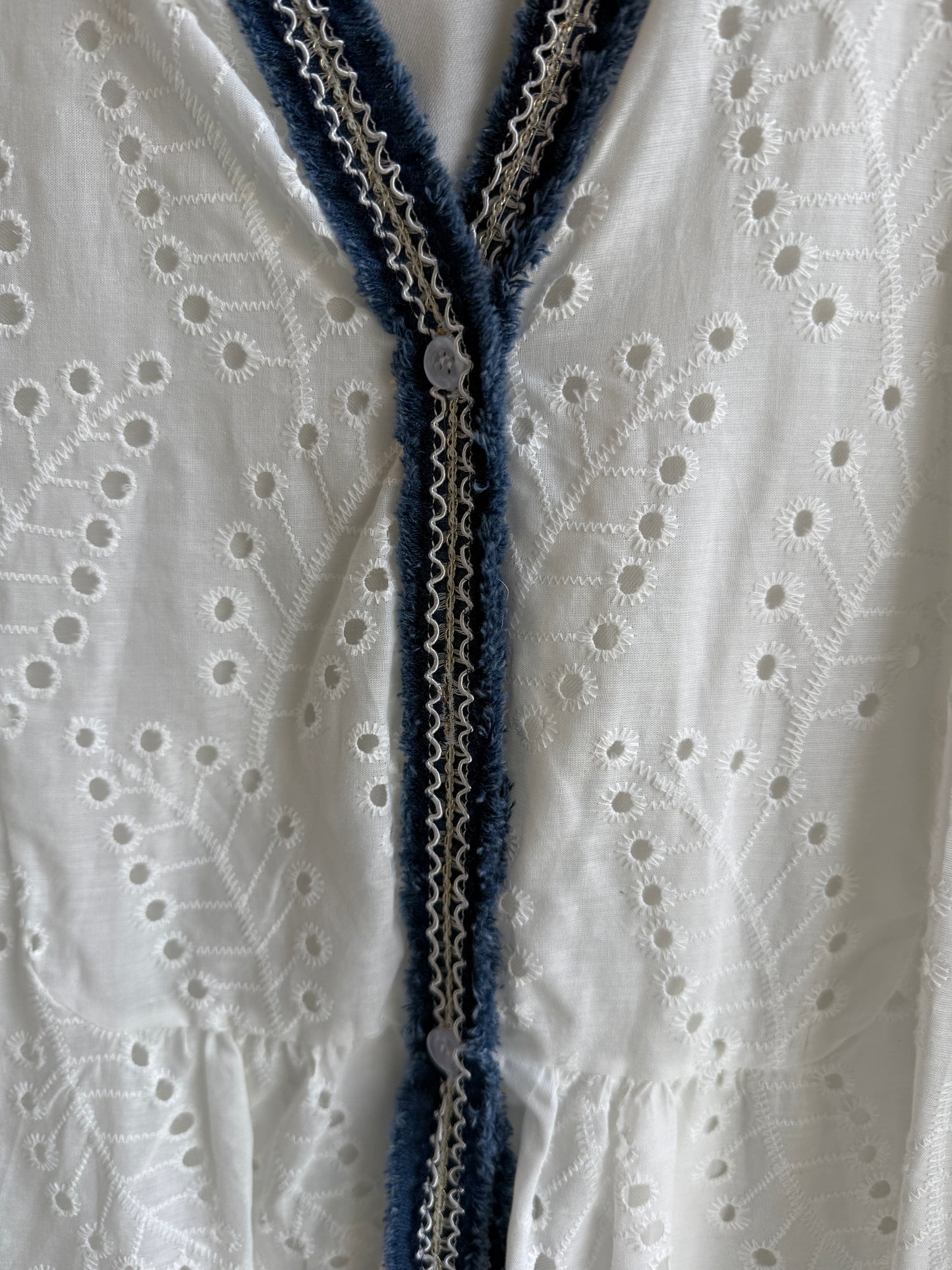 100% Cotton White Eyelet Boho Dress with Denim Blue Trim