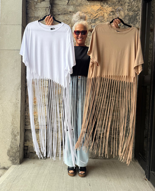 100% Cotton Relaxed Long Fringe T shirt- WHITE
