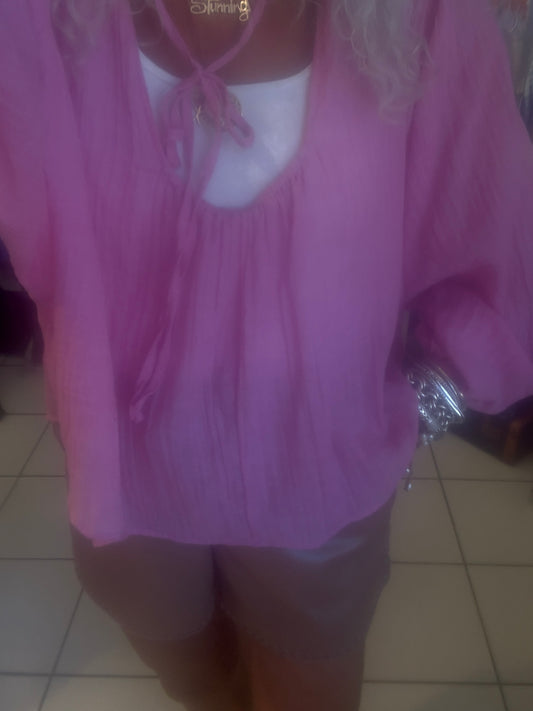 100% Cotton  Loose Fitting Pheasant Top- PINK