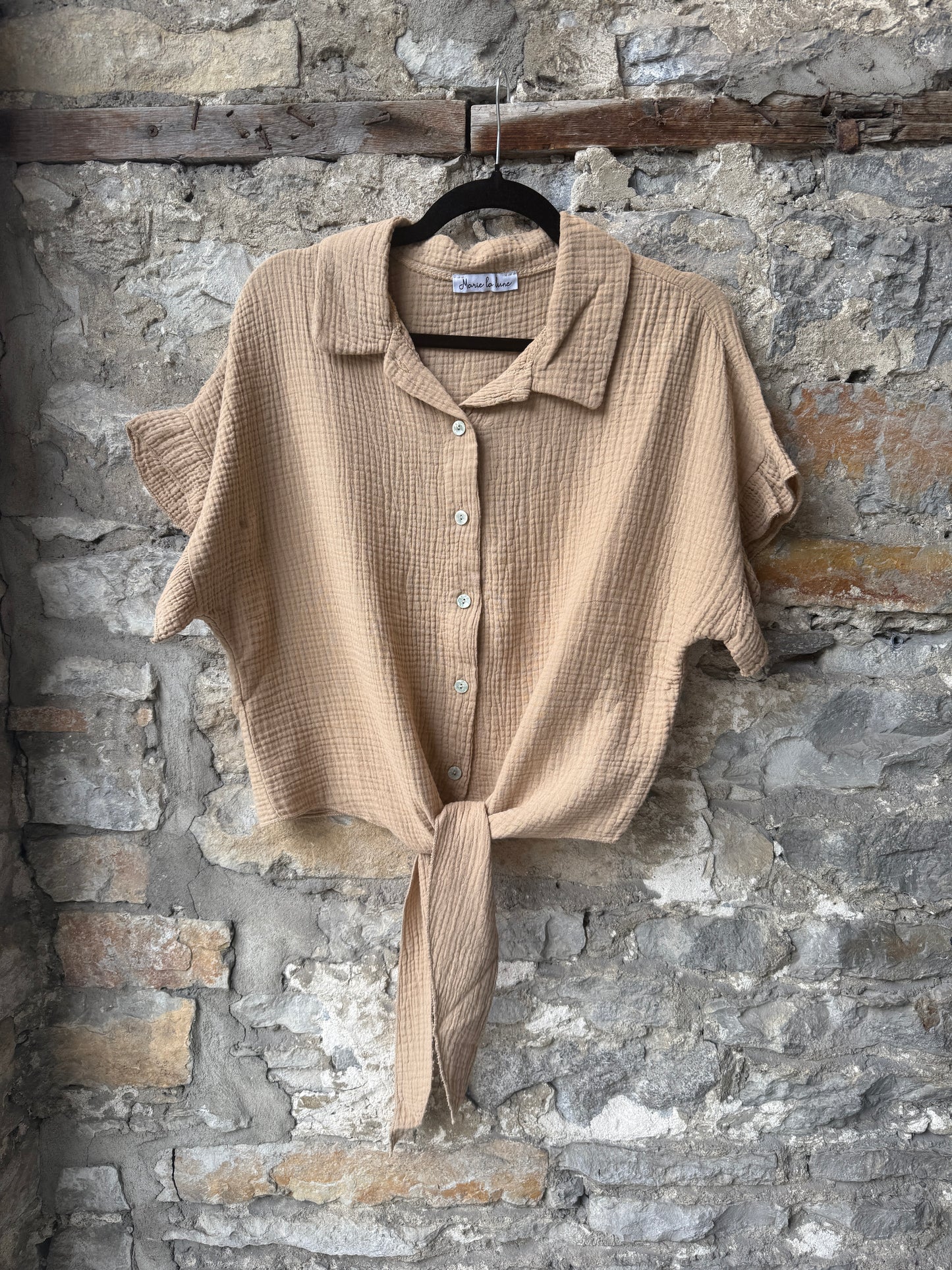 100% Cotton Tie Front Short Sleeve Top-TAN